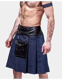 Blue Denim Leather Kilt With Leather Pouch
