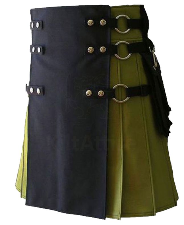 Black And Green Hybrid Utility Kilt For Men With Cargo Pocket