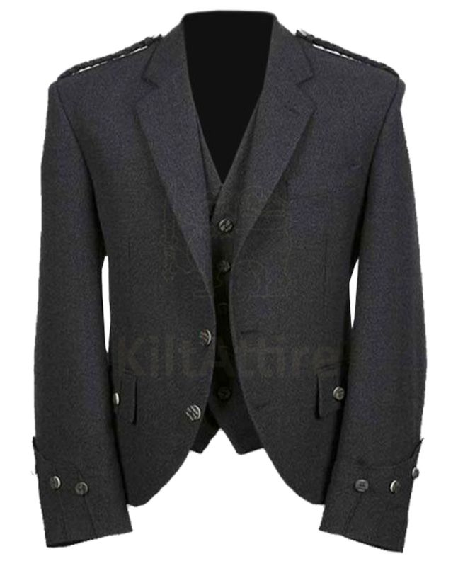 Traditional Black Charcoal Tweed Argyll Jacket With WaistCoat Sets