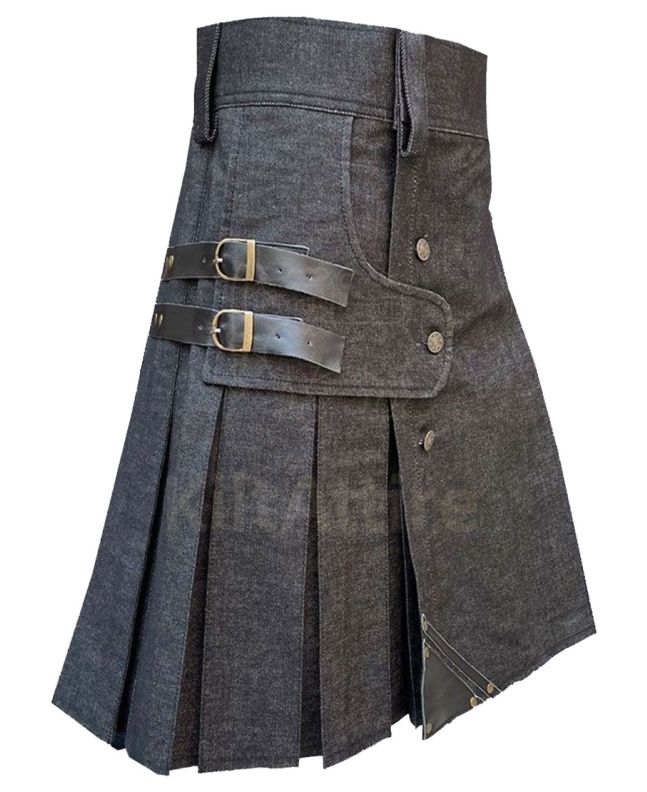 Black Denim Leather Strip Kilt for Men 