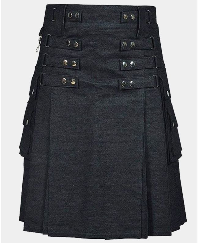 Black Denim Utility Kilt For Men