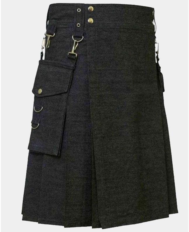 Black Denim Utility Kilt With Detectable Pocket