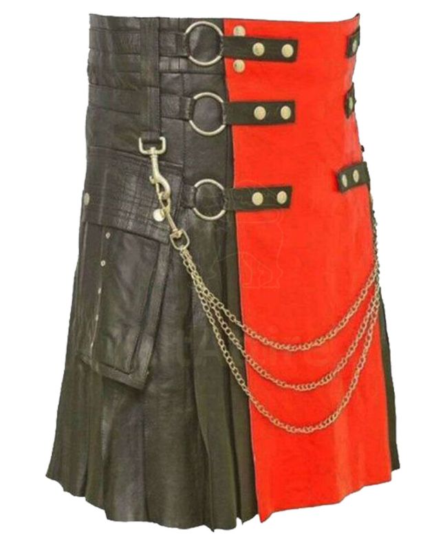 Black Fashion Leather Kilt with Red Apron
