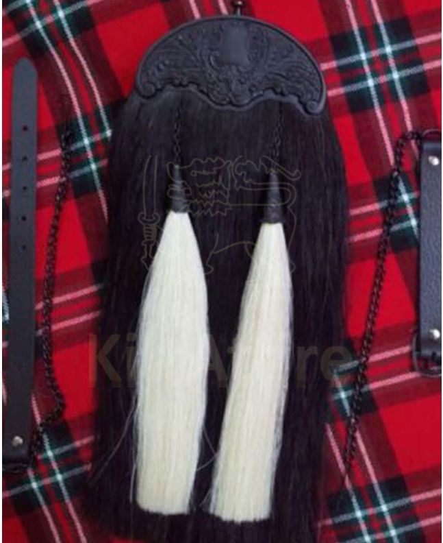 Black Horse Hair Sporran with 2 White Tassels