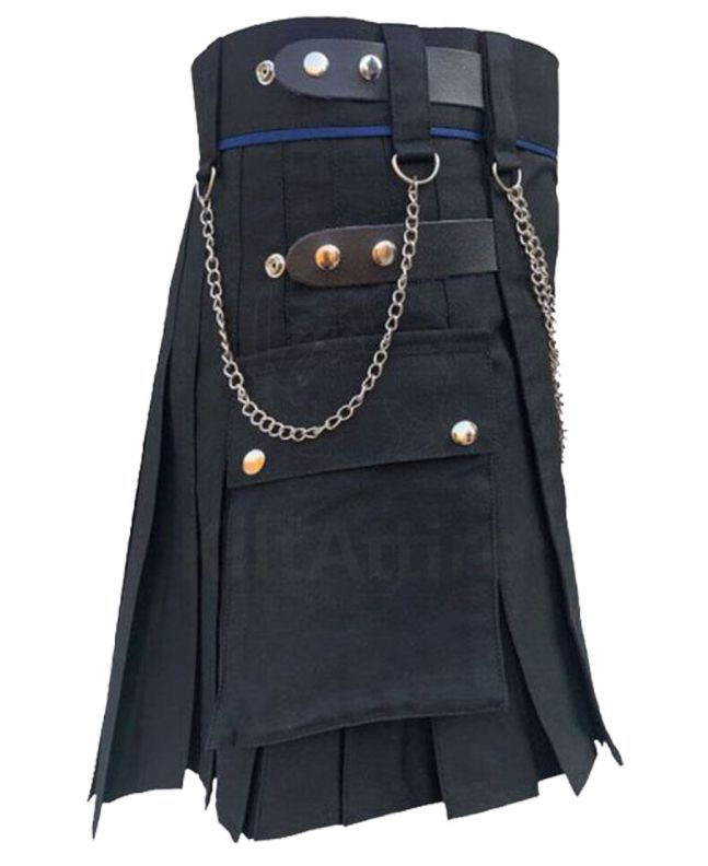 Black Modern Utility Kilt With Silver Chain Side