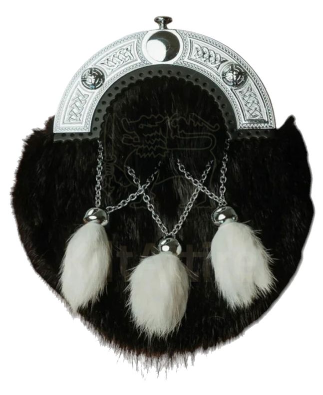 Black Rabbit Fur Sporran with White Tassels 