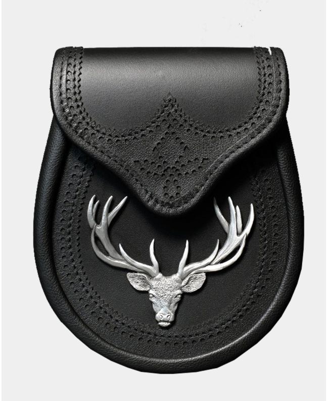 Black Saddle Lether Semi Dress Sporran With Large Stag Head