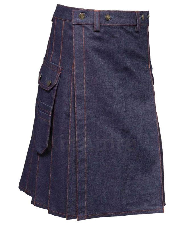 Blue Denim Red Stitched Utility Kilt 