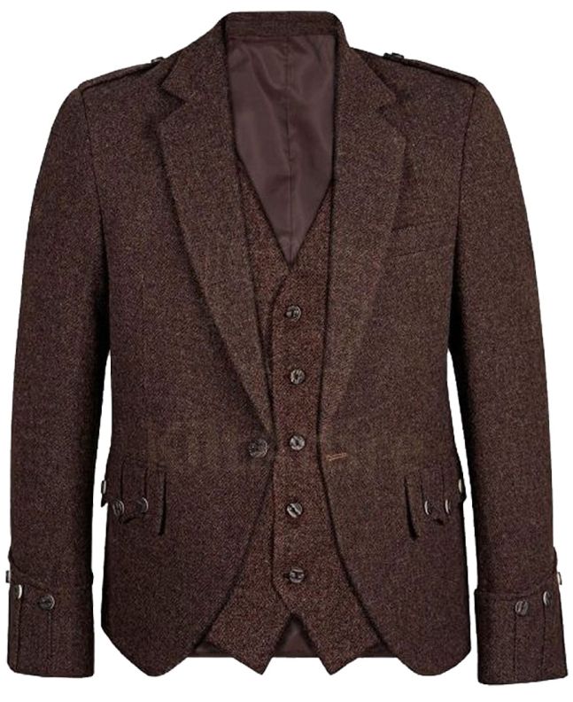 Dark Brown Tweed Argyll Kilt Jacket with 5 Button Vest