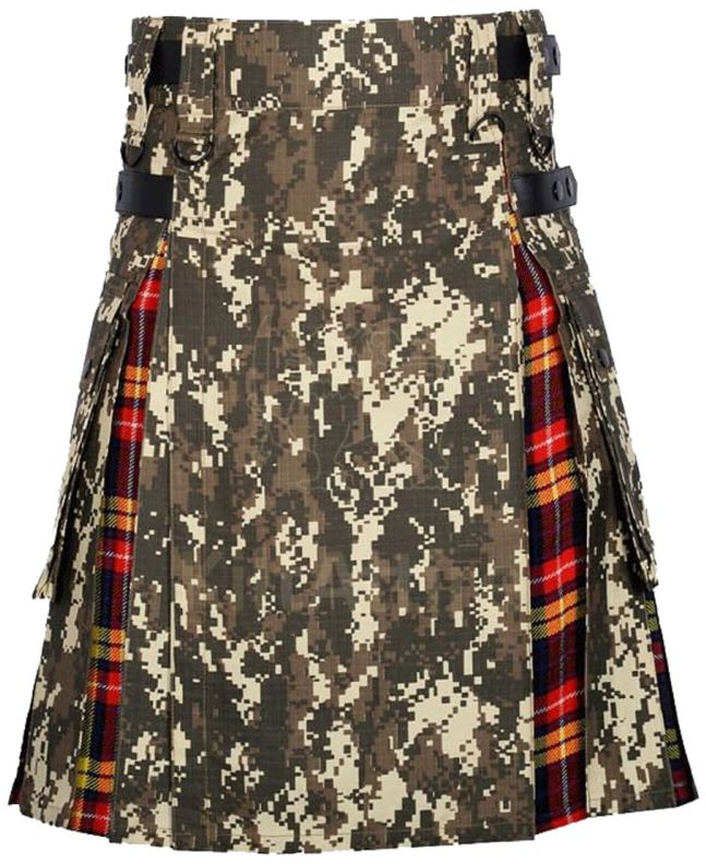 Digital Camo Buchanan Tartan Scottish Utility Cargo Hybrid Kilt