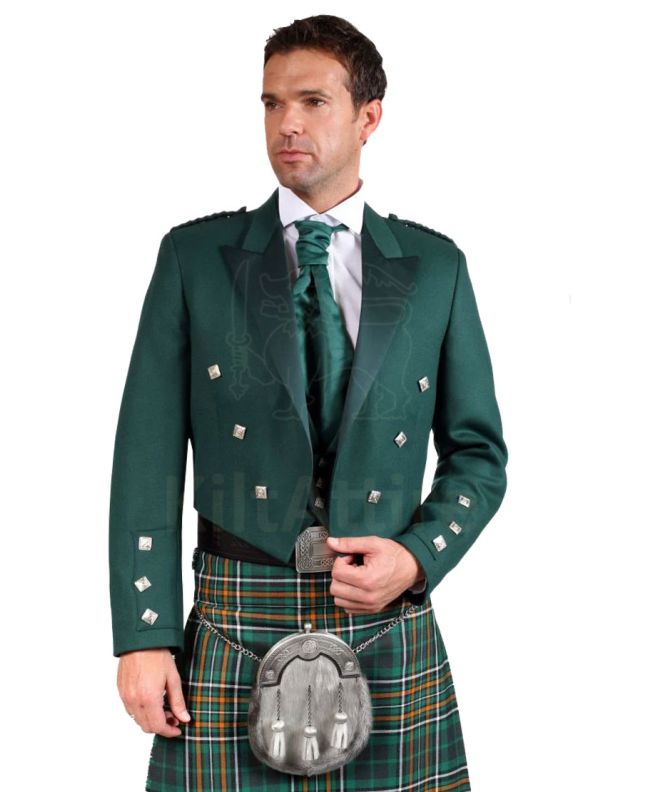 Green Irish Prince Charlie Kilt Jacket with Waistcoat Front