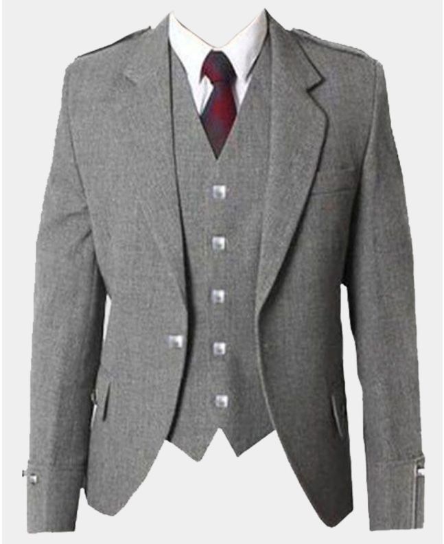 Grey Wool Tweed Argyle Kilt Jacket and Vest