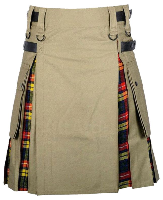 Khaki Cotton Buchanan Tartan Scottish Utility Cargo Hybrid Kilt