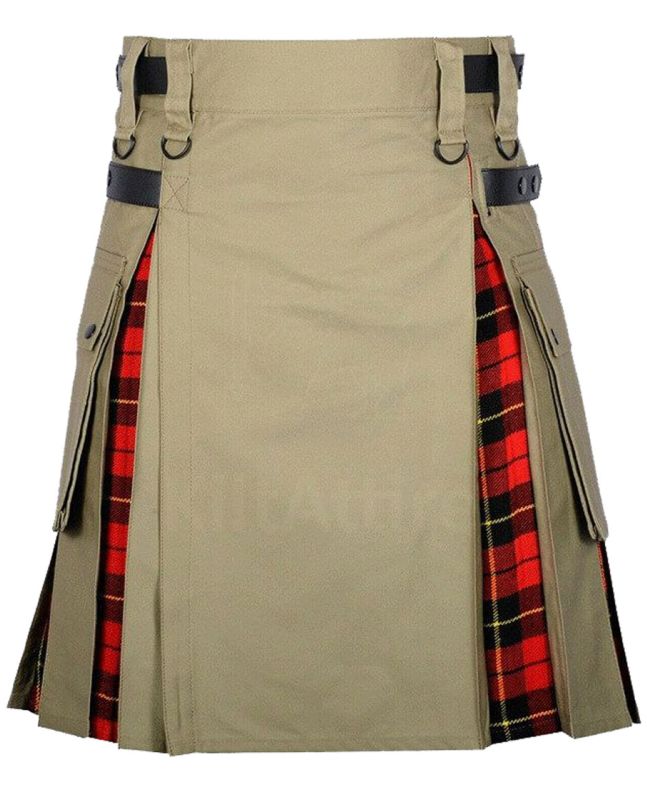 Khaki Cotton Wallace Tartan Scottish Utility Cargo Hybrid Kilt