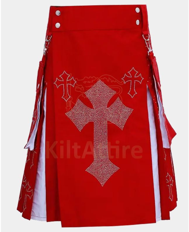 Latin Cross Red and White Christmas Kilt with Rhinestones
