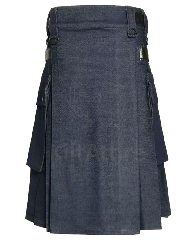 Men Blue Denim Utility Cargo Pockets Kilt