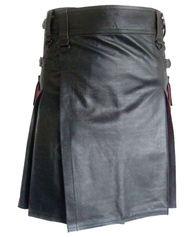 Mens Black And Red Leather Hybrid Kilt 