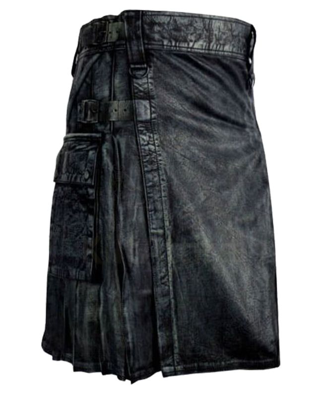 Mens Black Leather Kilt 
