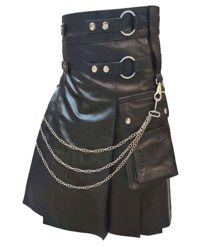 Mens Black Leather Modern Kilt