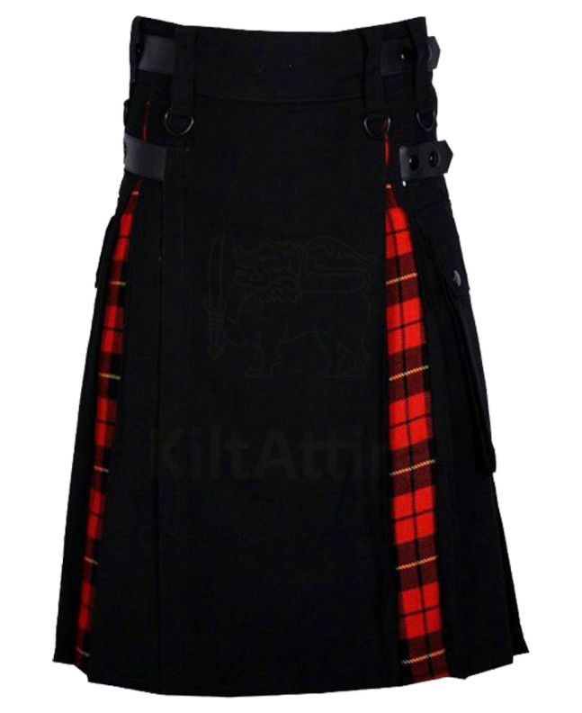 Modern Hybrid Wallace Tartan And Black Cotton Utility Kilt