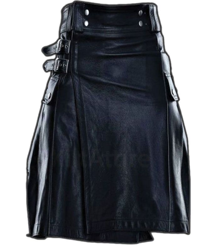 New Stylish Pure Black Leather Kilt 