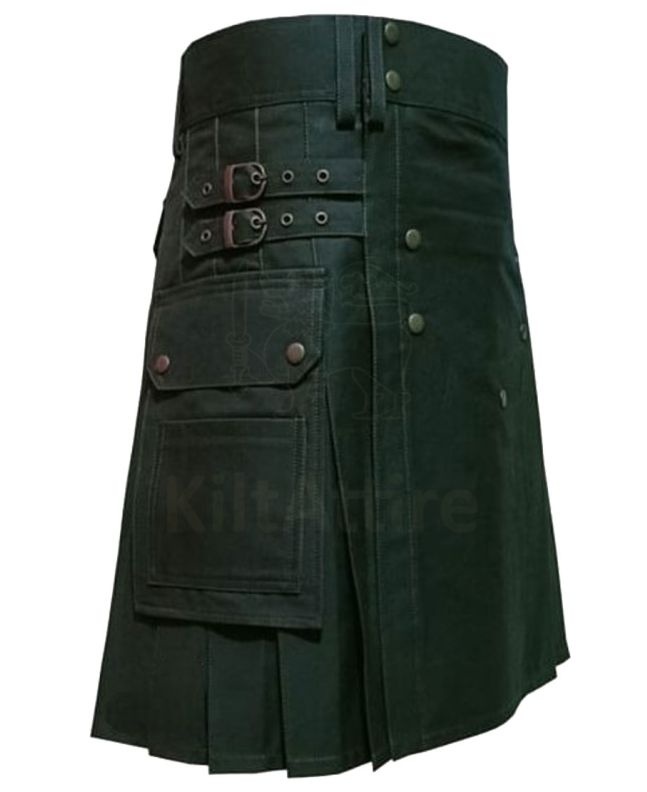 Olive Green Cotton Utility Kilt Side