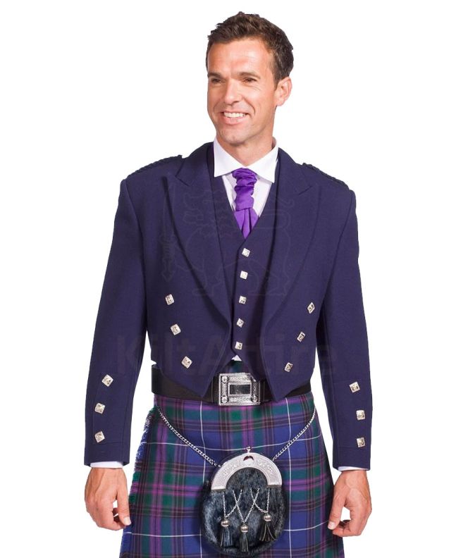 Prince Charlie Navy Blue Wool Jacket & 5 Button Waistcoat Set 