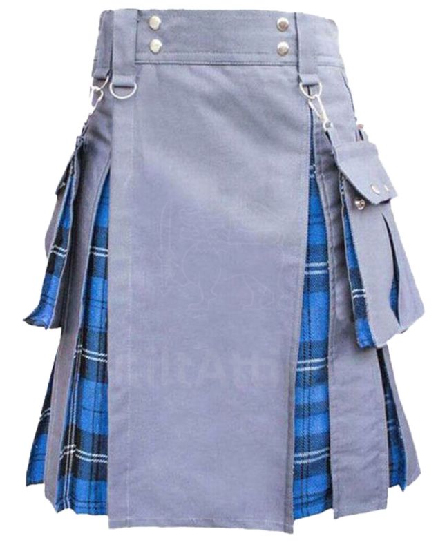 Ramsay Blue Tartan And Grey Cotton Hybrid Utility Kilt 