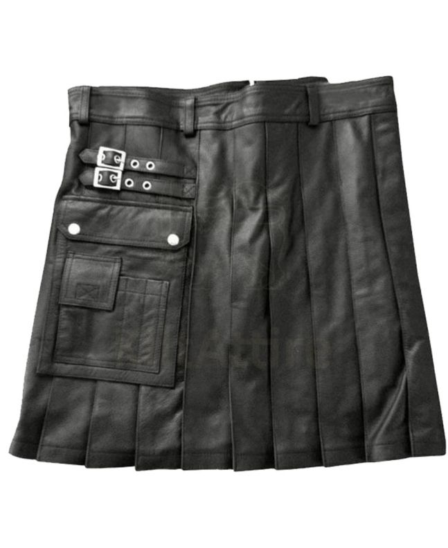 Real Leather Pleated Clubwear Utility Kilt 