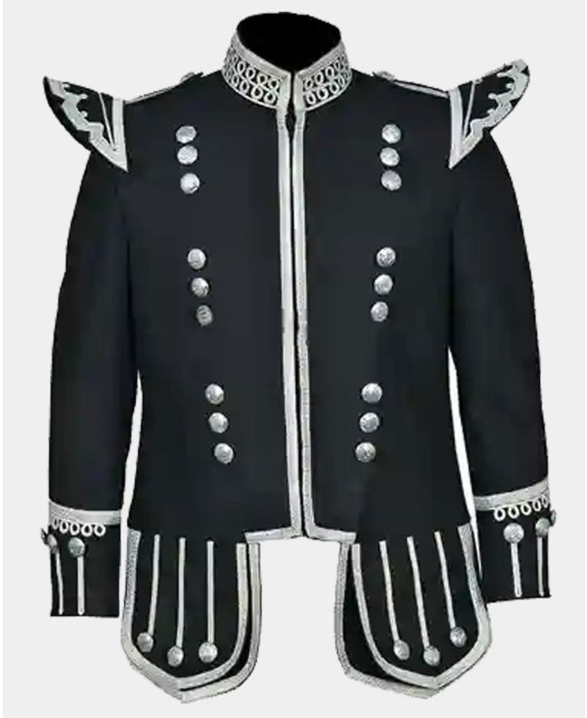 Scottish New 100% Wool Black Military Piper Drummer Doublet Tunic Jackets