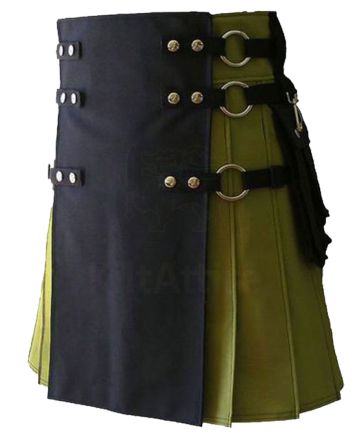 Black And Green Hybrid Utility Kilt For Men With Cargo Pocket