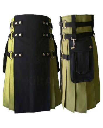 Black And Green Hybrid Utility Kilt For Men With Cargo Pocket