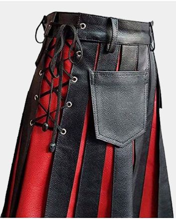 Black and Red Gladiator Pleated Leather Kilt For Men