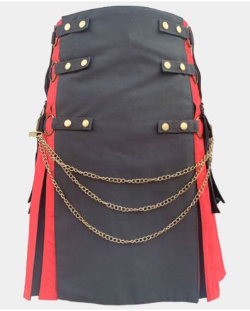 Black and Red Hybrid Utility Kilt With Silver Chain