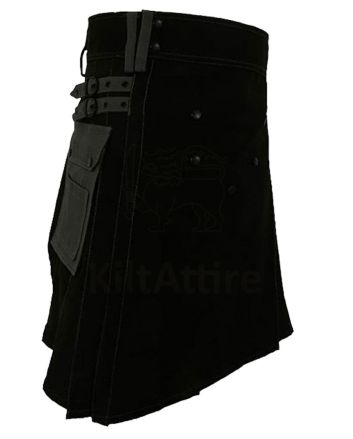 Black Deluxe Modern Kilt And Gray Straps Style With Gray Cargo Pocket