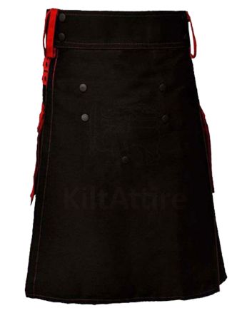 Black Deluxe Modern Kilt And Red Straps Style With Red Cargo Pockets 