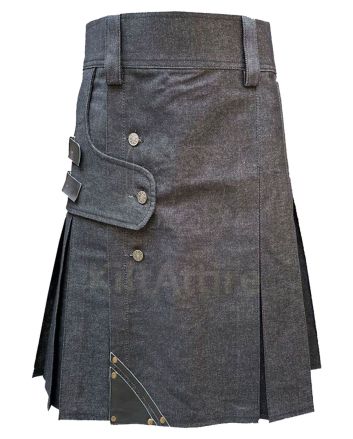 Black Denim Leather Strip Kilt For Men