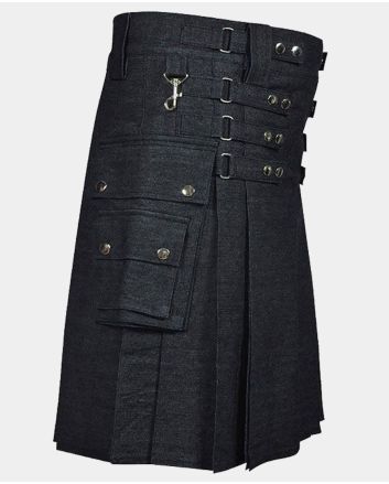 Black Denim Utility Kilt For Men