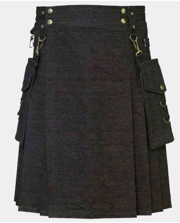 Black Denim Utility Kilt With Detectable Pocket