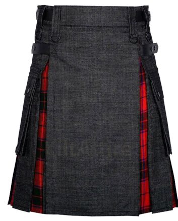 Black Denim Wallace Scottish Utility Cargo Hybrid Kilt