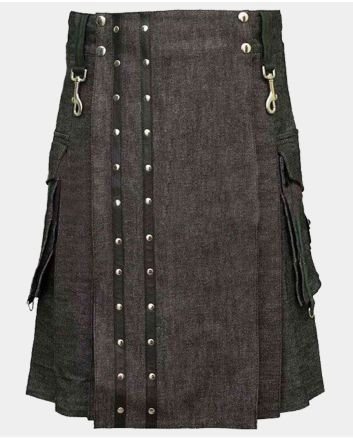 Black Heavy Denim Kilt With Straps
