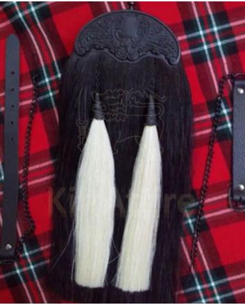 Black Horse Hair Sporran With 2 White Tassels
