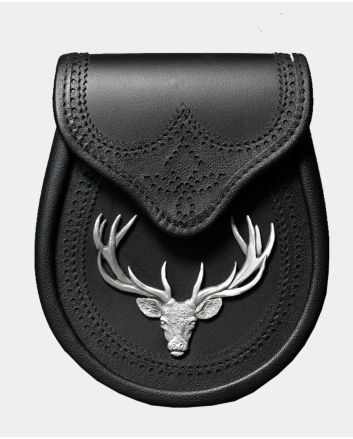 Black Saddle Lether Semi Dress Sporran With Large Stag Head