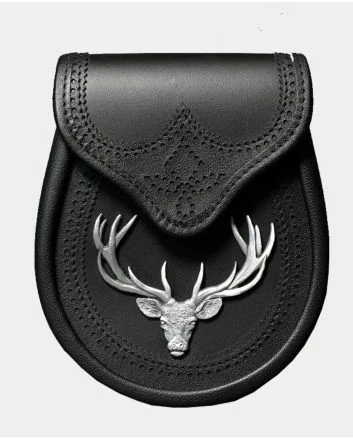 Black Saddle Lether Semi Dress Sporran With Large Stag Head