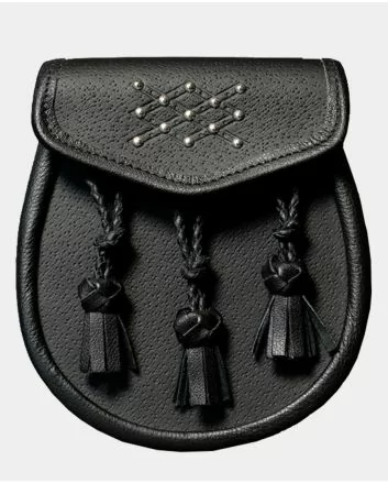 Black Studded Leather Day Sporran With Braided Tassel