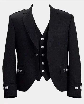 Black Wool Tweed Argyle Jacket and Vest For Men