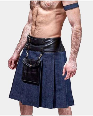 Blue Denim Leather Kilt With Leather Pouch