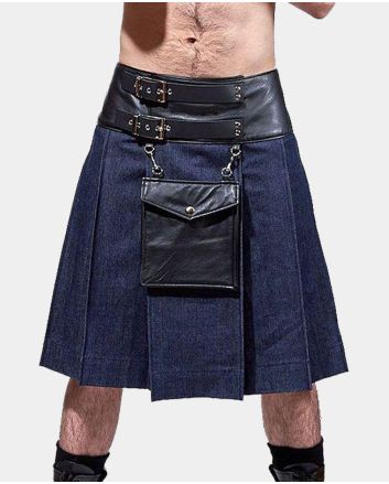 Blue Denim Leather Kilt With Leather Pouch