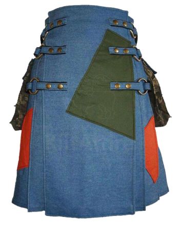 Blue Jean Denim Utility Kilt For Men With Cargo Pocket