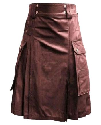 Brown Leather Kilt With Cargo Pockets